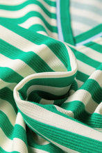 Load image into Gallery viewer, Green Striped Contrast Collar Split Neck Long Sleeve Mini Dress
