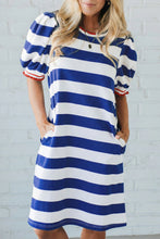 Load image into Gallery viewer, Red Stripe Contrast Trim Round Neck Short Puff Sleeve Shift Mini Dress
