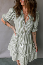 Load image into Gallery viewer, Green Stripe Tasseled Tie Neck Ruffled Short Sleeve Tiered Flattering Dress
