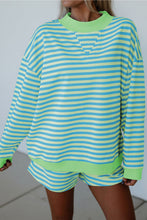 Load image into Gallery viewer, Pink Stripe Color Block Detail Long Sleeve Pullover Elastic Waist Pull On Shorts 2pcs Set
