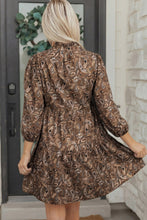 Load image into Gallery viewer, Brown Paisley Print Half Buttons Puff Sleeve Flowy Short Dress
