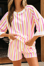 Load image into Gallery viewer, Pink Stripe Drop Shoulder Half Sleeve Loose Tee and Shorts Casual Set
