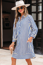 Load image into Gallery viewer, Blue Stripe Collared Half Button Side Pockets Loose Fit Mini Dress
