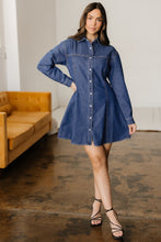 Load image into Gallery viewer, Ashleigh Blue Denim Shirt Collar Long Sleeve Flared Mini Dress
