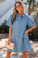 Load image into Gallery viewer, Beau Blue Button Down Short Puff Sleeve Ruffle Hem Patchwork Denim Dress
