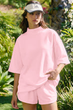 Load image into Gallery viewer, Yellow Cream Solid Color Exposed Seam Mock Neck Oversize Tee Casual Shorts 2pcs Outfit
