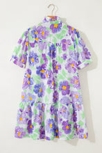 Load image into Gallery viewer, Purple Floral V Collar Short Sleeve Tiered Ruffle Mini Dress
