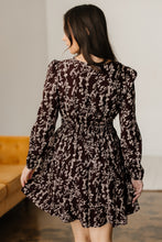 Load image into Gallery viewer, Brown Ditsy Floral Print Split Neck Long Sleeve Shirred Waist Flared Mini Dress
