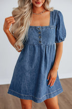 Load image into Gallery viewer, Prussian Blue Button Square Neck Short Puff Sleeve Denim Mini Dress
