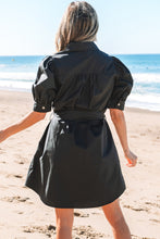 Load image into Gallery viewer, Black Button Up Tie Waist Puff Sleeve Mini Dress
