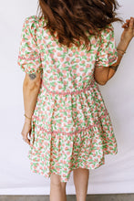 Load image into Gallery viewer, Green Contrast Neckline Ricrac Trim Floral Short Puff Sleeve Dress
