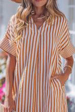 Load image into Gallery viewer, Brown Stripe Pinched V Neck Turn-up Cuffs Shift Mini Dress
