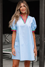 Load image into Gallery viewer, Myosotis Contrast Striped Notched V Neck Puff Sleeve Mini Dress
