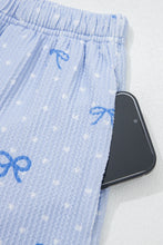 Load image into Gallery viewer, Sky Blue Valentines Bow Print Twisted Rib Loose Long Sleeve Top 2pcs Short Set
