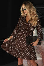 Load image into Gallery viewer, Chicory Coffee Polka Dot Long Sleeve Wrap V Neck Ruffle Hem Mini Dress
