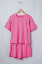 Load image into Gallery viewer, Bright Pink Seam Detail Raw Edge Tee Rainbow Waistband Casual Short Set
