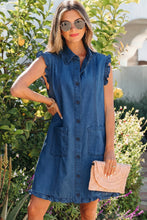 Load image into Gallery viewer, Sail Blue Ruffled Edge Collared Shift Denim Dress with Pockets
