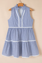 Load image into Gallery viewer, Blue Stripe Sleeveless Notched V Neck Contrast Ric Rac Mini Dress

