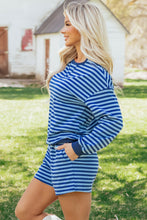 Load image into Gallery viewer, Blue Stripe Drop Shoulder Long Sleeve Pullover Elastic Waist Casual Short Set
