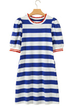 Load image into Gallery viewer, Red Stripe Contrast Trim Round Neck Short Puff Sleeve Shift Mini Dress

