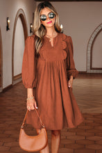 Load image into Gallery viewer, Moss Green Bracelet Sleeve Split Neck Scallop Detail Pleated Corduroy Mini Dress
