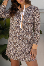 Load image into Gallery viewer, Khaki Button Striped Collar Leopard Print Long Sleeve Flared Dress
