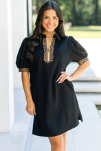Load image into Gallery viewer, Black Leopard Patchwork Zip Collared Short Puff Sleeve Shift Mini Dress
