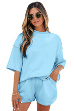 Load image into Gallery viewer, Yellow Cream Solid Color Exposed Seam Mock Neck Oversize Tee Casual Shorts 2pcs Outfit
