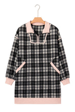 Load image into Gallery viewer, Black Plaid Polo Collar Zip up Contrast Trim Shift Long Sleeve Mini Dress
