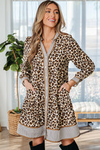 Load image into Gallery viewer, Brown Leopard Print Striped Patchwork 3/4 Sleeve Loose Mini Dress
