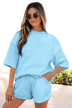 Load image into Gallery viewer, Yellow Cream Solid Color Exposed Seam Mock Neck Oversize Tee Casual Shorts 2pcs Outfit
