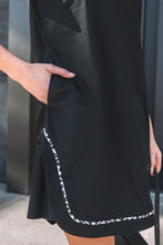 Load image into Gallery viewer, Black Leopard Trim Notched Neck Short Puff Sleeve Shift Mini Dress
