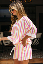 Load image into Gallery viewer, Pink Stripe Drop Shoulder Half Sleeve Loose Tee and Shorts Casual Set
