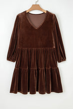 Load image into Gallery viewer, Chicory Coffee Solid Color Velvet V Neck Long Sleeve Tiered Mini Dress
