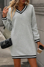 Load image into Gallery viewer, Light Grey Striped Trim V Neck Long Sleeve Preppy T Shirt Dress
