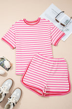 Load image into Gallery viewer, Pink Stripe Contrast Trim Short Sleeve Top Loose Shorts 2pcs Casual Outfit
