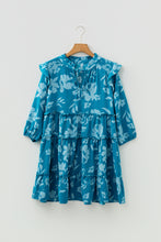 Load image into Gallery viewer, Blue Flower Half Sleeve Tiered Ruffled Mini Dress
