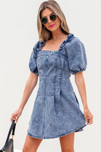 Load image into Gallery viewer, Blue Frilly Square Neck Bustier Puff Sleeve Short Denim Dress
