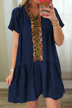 Load image into Gallery viewer, Navy Blue Button Detail Leopard Metallic Trim Short Sleeve Tunic Dress
