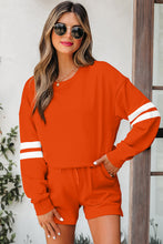 Load image into Gallery viewer, Orange Varsity Striped Sleeve Drop Shoulder Sweatshirt and Short Set
