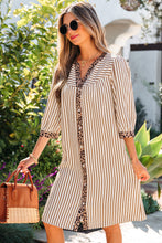 Load image into Gallery viewer, Pink Stripe Square Button Leopard Trim Loose Bracelet Sleeve Shirt Dress
