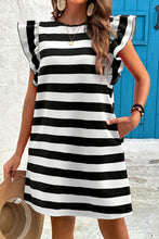 Load image into Gallery viewer, Black Stripe Flutter Sleeve Round Neck Shift Dress
