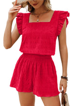 Load image into Gallery viewer, Black Textured Square Neck Top and Shirred High Waist Shorts Set
