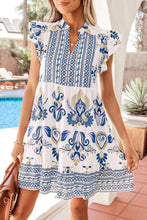 Load image into Gallery viewer, Blue Boho Floral Printed Split Neck Ruffled Sleeve Mini Dress
