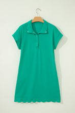 Load image into Gallery viewer, Beau Blue Solid Color Snap Button Polo Collar Short Sleeve Scallop Hem Mini Dress
