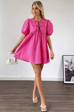 Load image into Gallery viewer, Bright Pink Solid Color Puff Sleeve Tie Front High Waist Mini Dress
