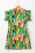 Load image into Gallery viewer, Green Abstract Print Frilled Neck Ruffled Sleeve Mini Dress
