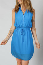 Load image into Gallery viewer, Blue Half Buttons Collared Elastic Waist Sleeveless Shirt Dress
