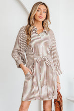 Load image into Gallery viewer, Brown Stripe Knot Waist Puff Sleeve Button Down Mini Shirt Dress
