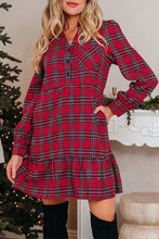 Load image into Gallery viewer, Red Plaid Shirt Collar Half Button Ruffle Hem Long Sleeve Mini Dress

